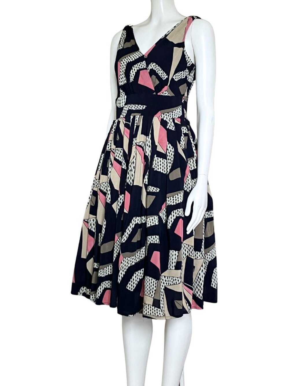 Aryeh Navy Geometric Print Fit & Flare Midi Dress. Medium. Retro Twee Bauhaus - Picture 2 of 11